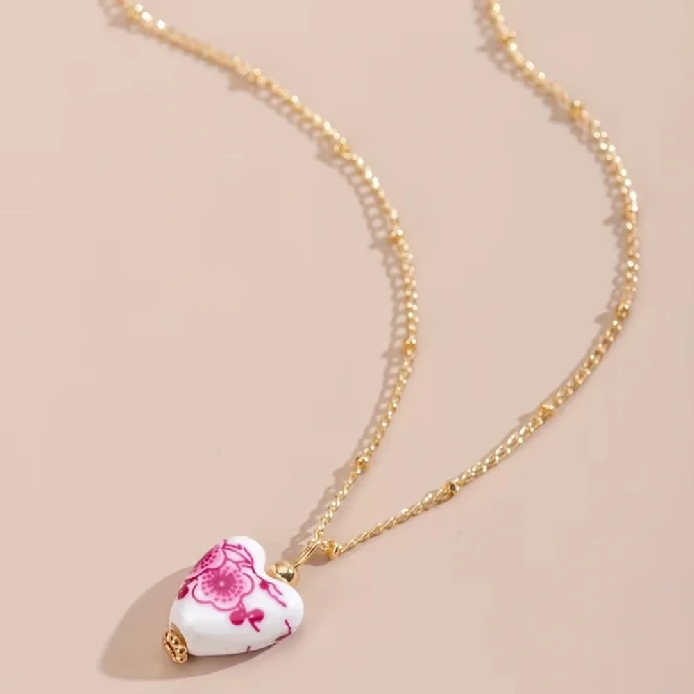NEW Pink Toile Porcelain Heart Pendant Gold Necklace